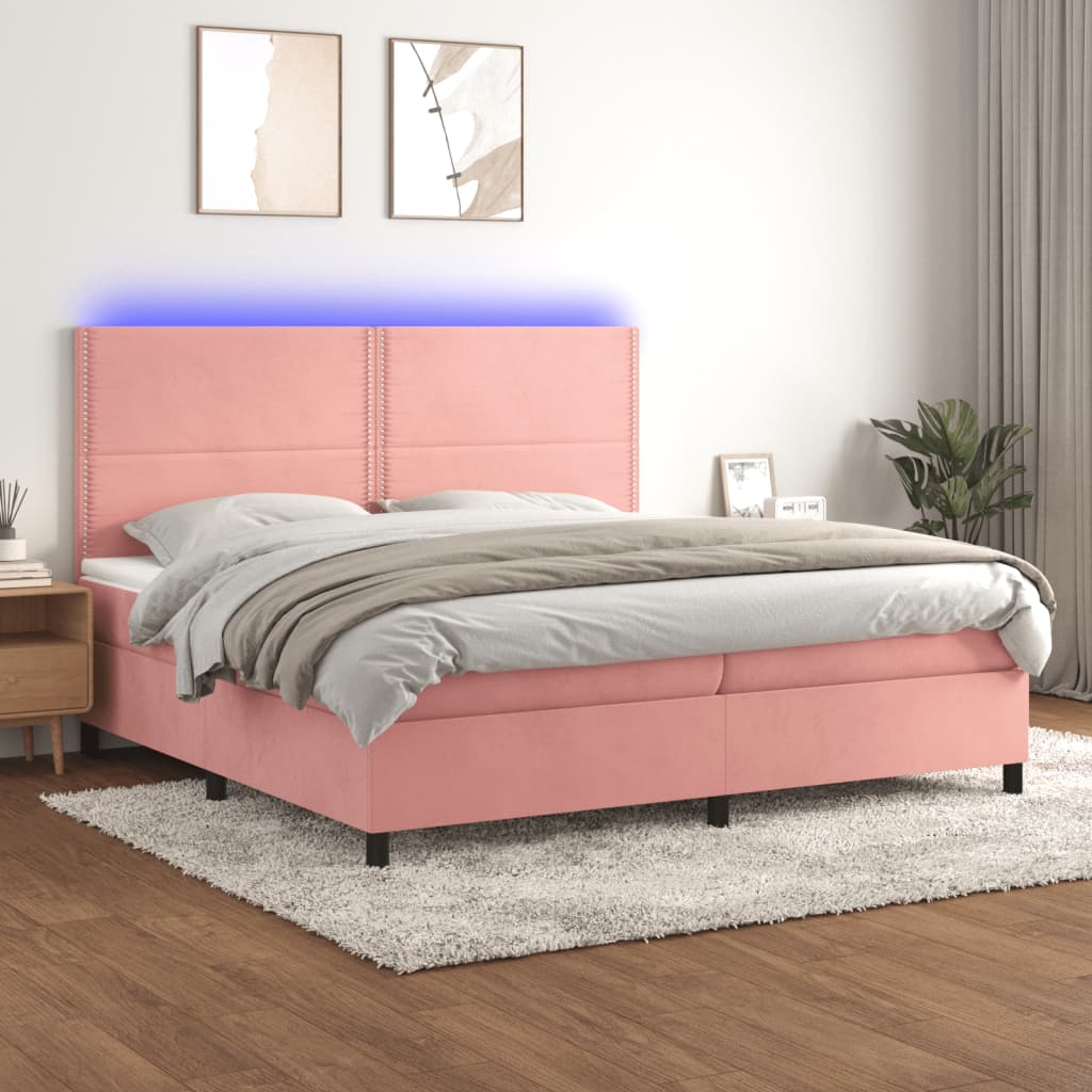 vidaXL Box spring postel s matrací a LED růžová 200x200 cm samet