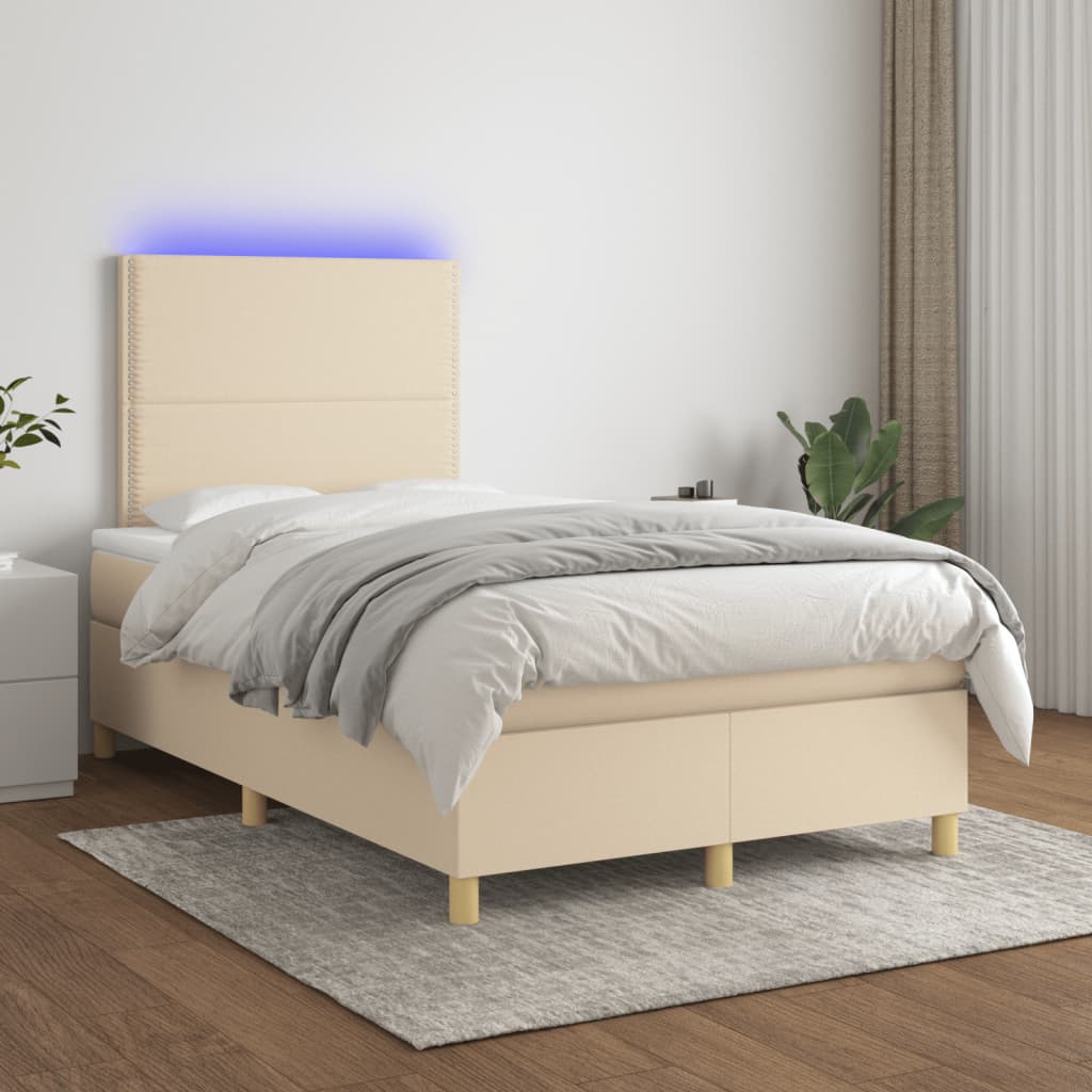 vidaXL Box spring postel s matrací a LED krémová 120x190 cm textil