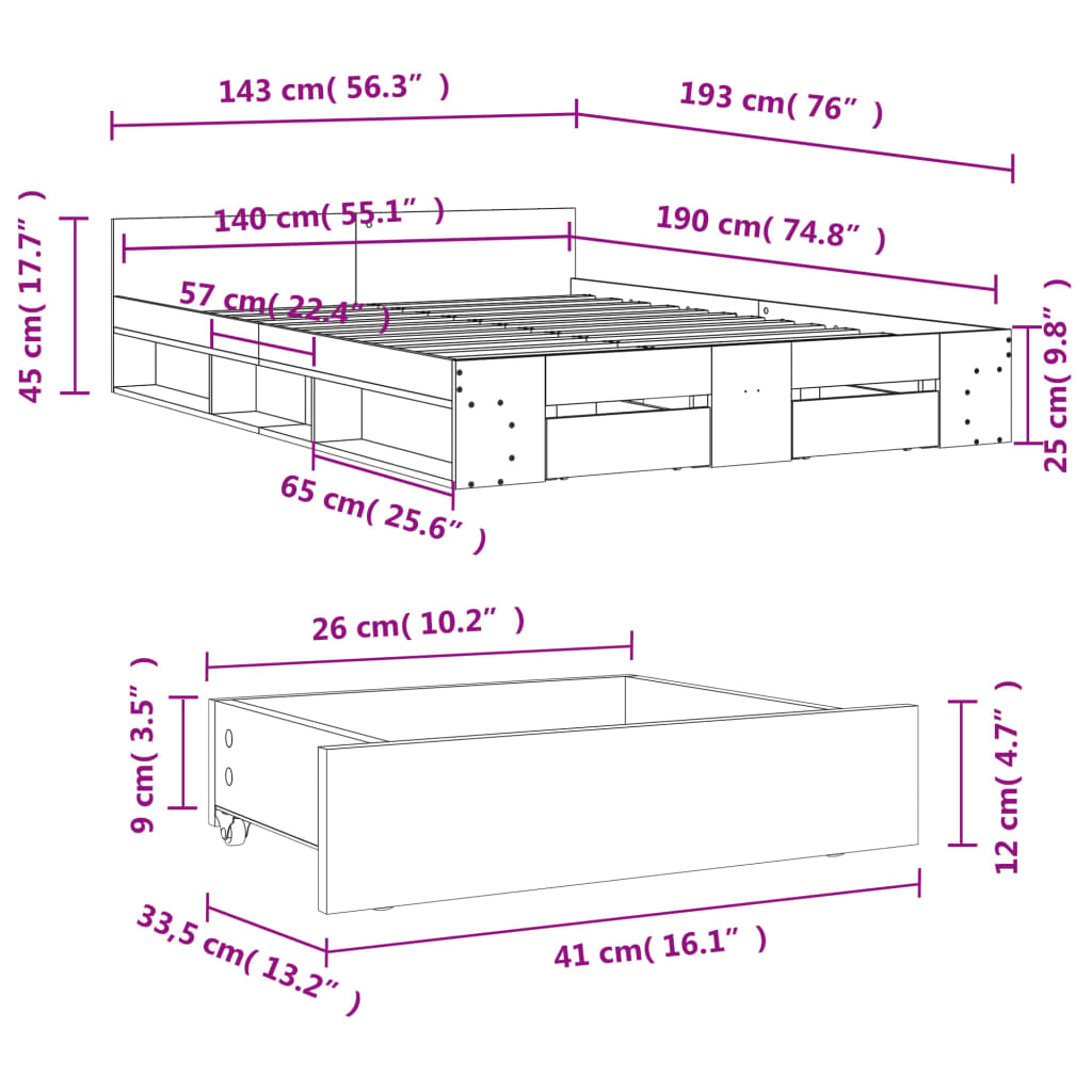 vidaXL Rám postele se zásuvkami kouřový dub 140 x 190 cm kompozit