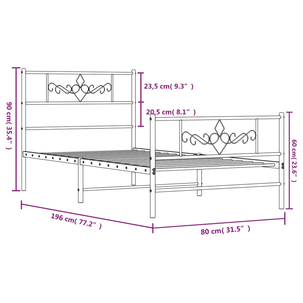 vidaXL Kovový rám postele s hlavovým a nožním čelem bílý 75 x 190 cm