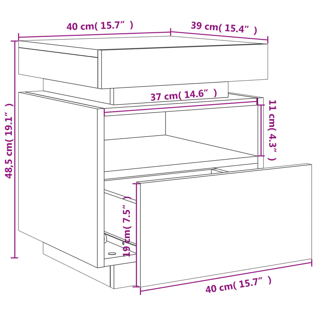 vidaXL Noční stolek s LED osvětlením kouřový dub 40 x 39 x 48,5 cm