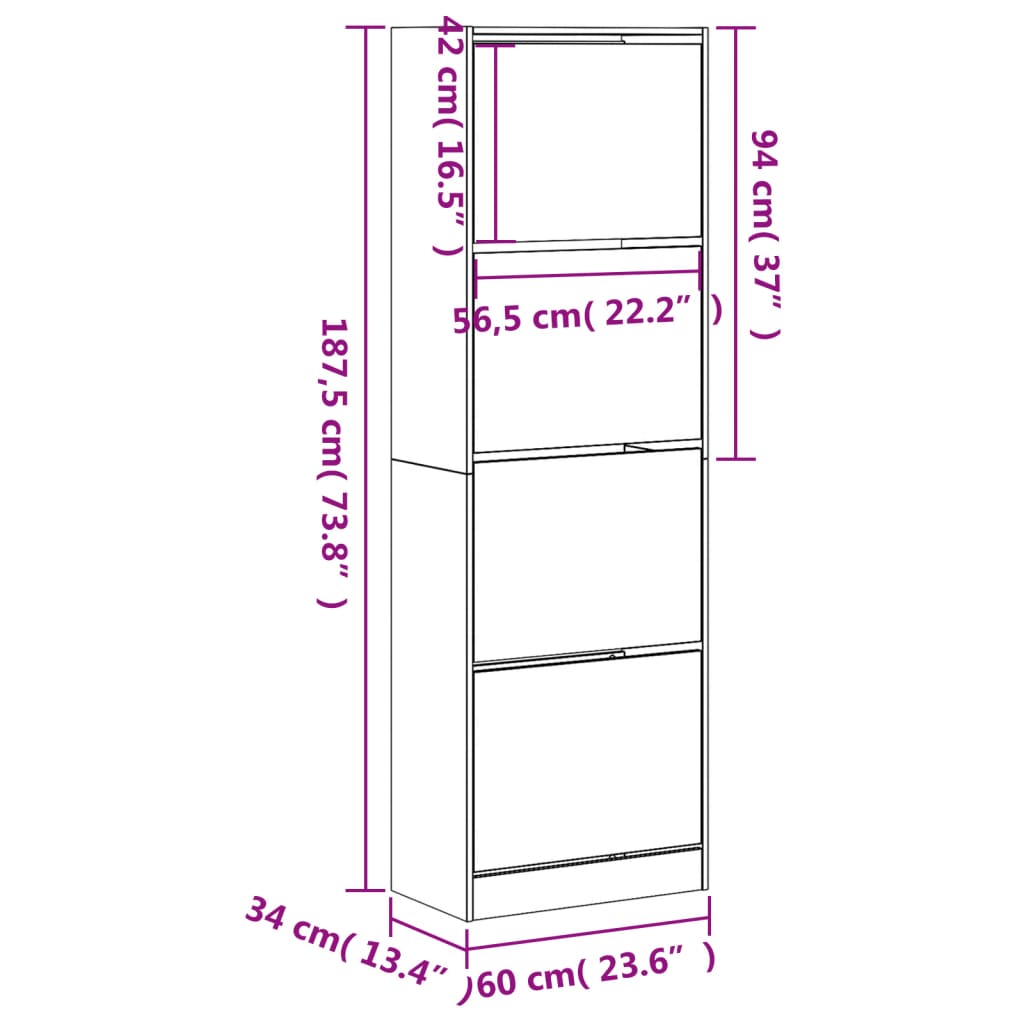 vidaXL Botník se 4 výklopnými zásuvkami černý 60 x 34 x 187,5 cm