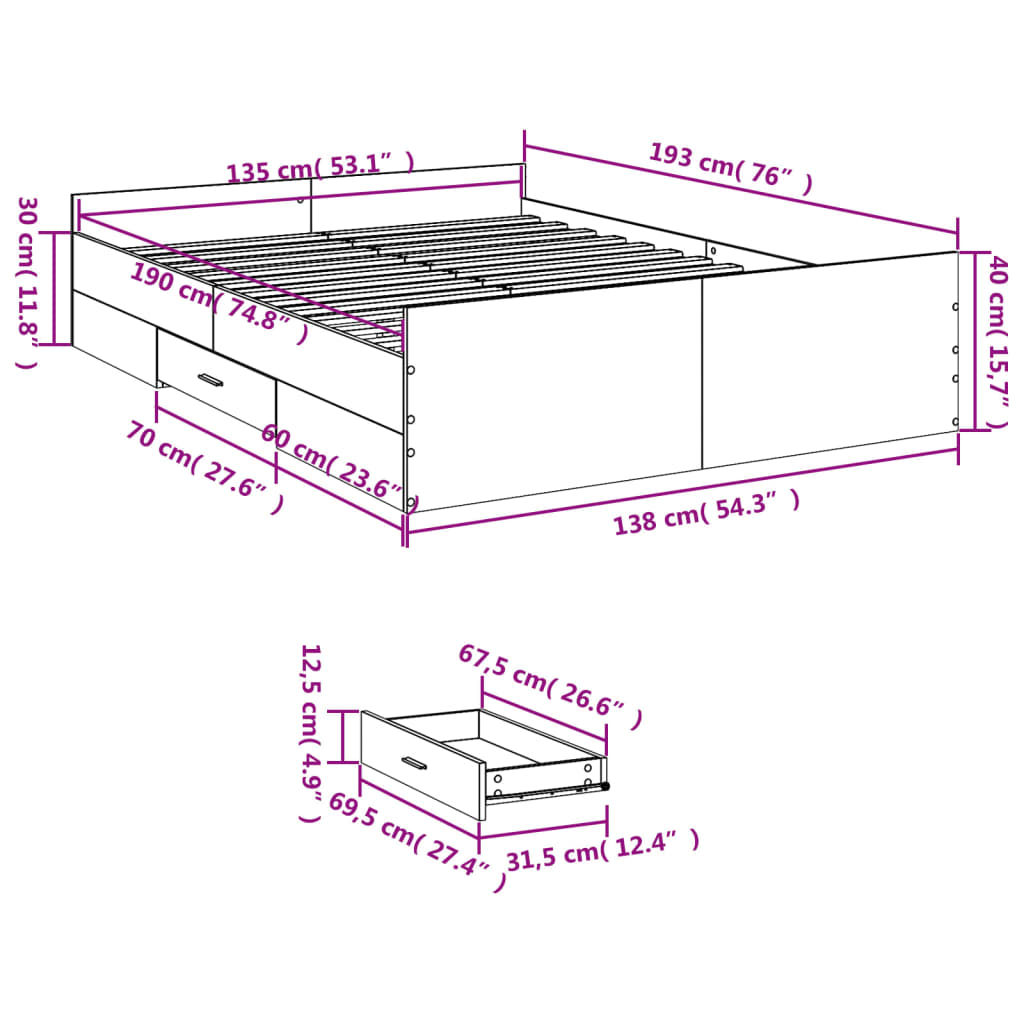 vidaXL Rám postele se zásuvkami černý 135 x 190 cm kompozitní dřevo