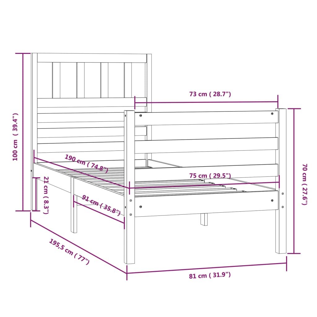 vidaXL Rám postele 75 x 190 cm Small Single masivní dřevo