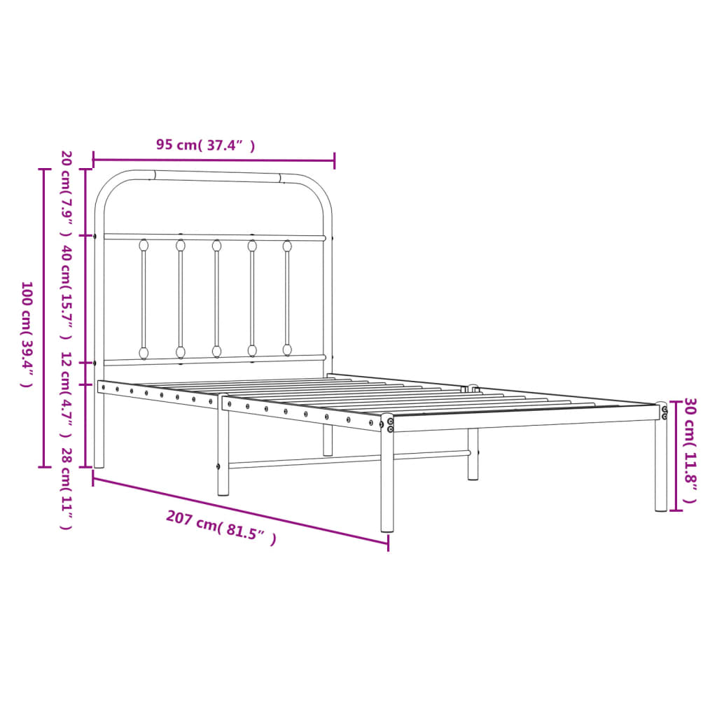 vidaXL Kovový rám postele s čelem černý 90 x 200 cm