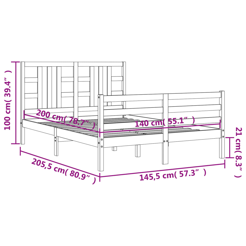 vidaXL Rám postele s čelem bílý 140 x 200 cm masivní dřevo