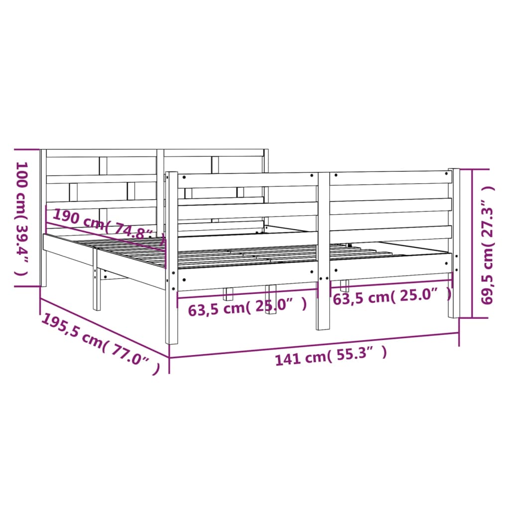 vidaXL Rám postele šedý 135 x 190 cm Double masivní dřevo