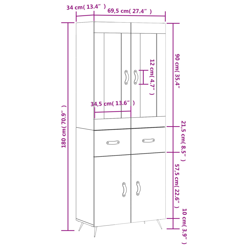 vidaXL Skříň highboard hnědý dub 69,5 x 34 x 180 cm kompozitní dřevo