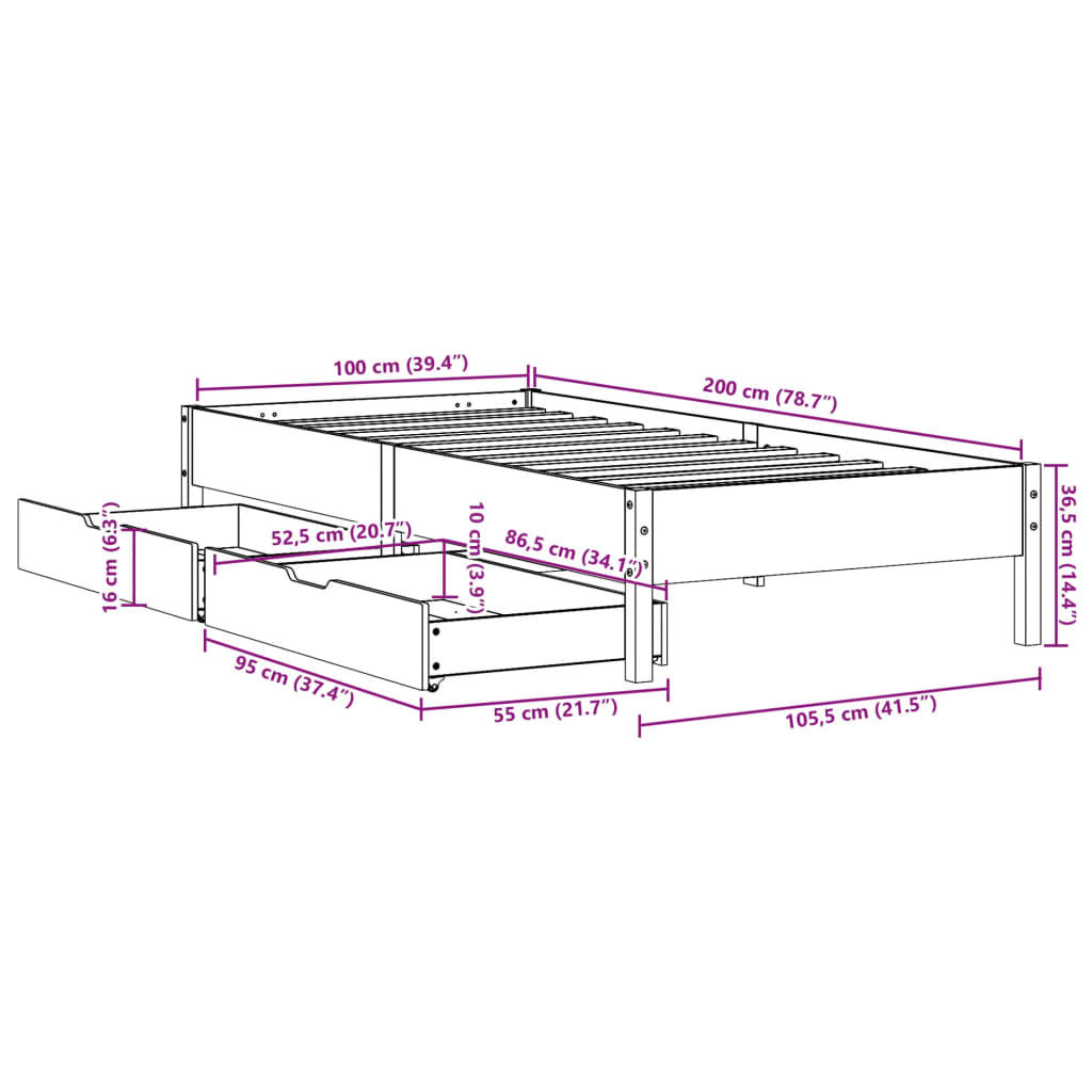 vidaXL Postel bez matrace bílá 100 x 200 cm masivní borovice