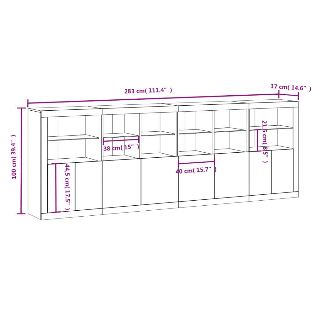 vidaXL Příborník s LED osvětlením bílý 283 x 37 x 100 cm