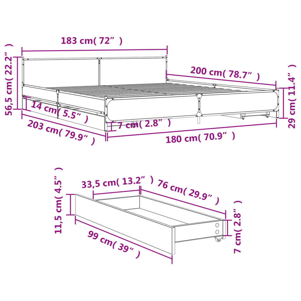 vidaXL Rám postele se zásuvkami kouřový dub 180 x 200 cm kompozit