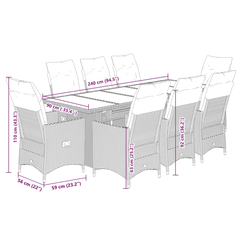 vidaXL 9dílný zahradní bistro set s poduškami šedý polyratan