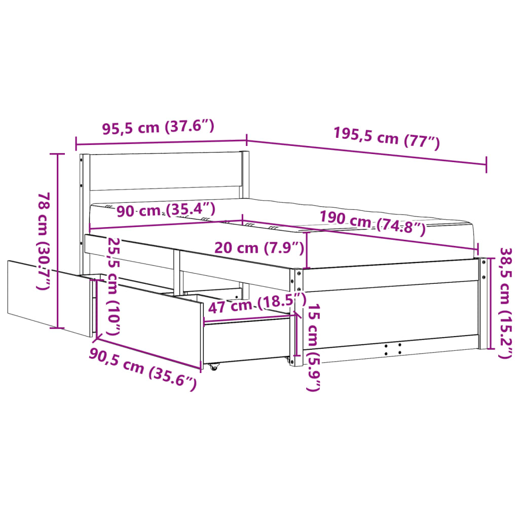 vidaXL Postel se zásuvkami a matrací 90 x 190 cm masivní borovice