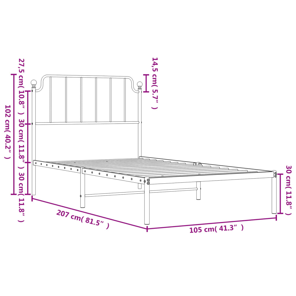 vidaXL Kovový rám postele s čelem bílý 100 x 200 cm