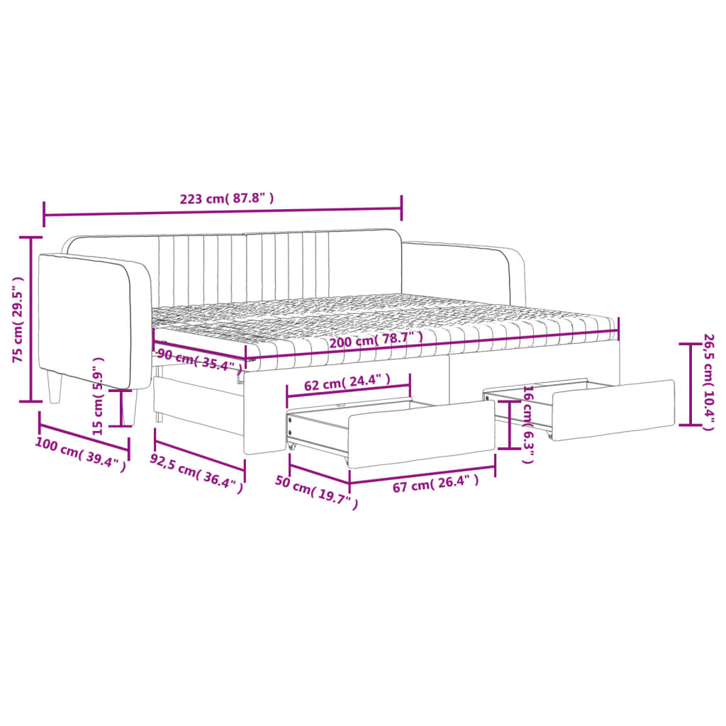 vidaXL Válenda s přistýlkou a zásuvkami světle šedá 90 x 200 cm samet