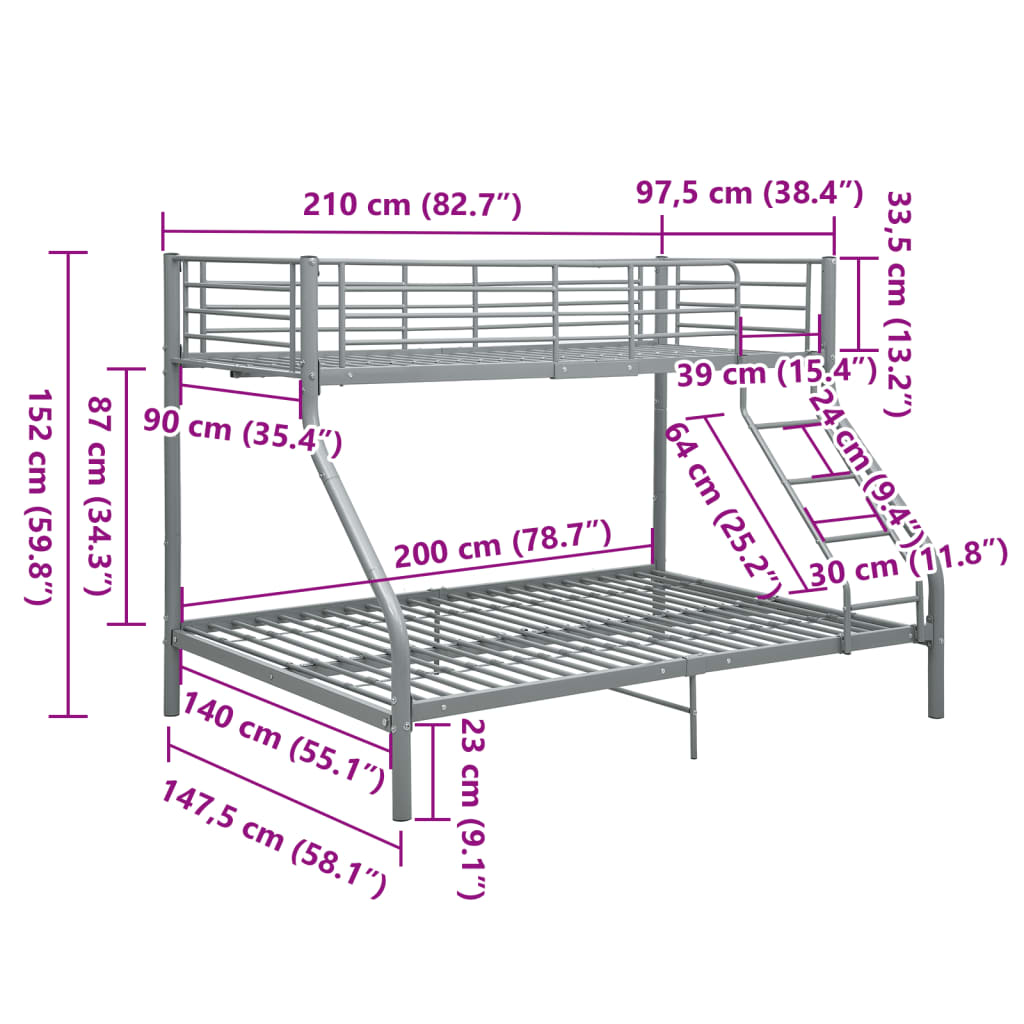 vidaXL Rám poschoďové postele šedý kov 140 x 200 / 90 x 200 cm