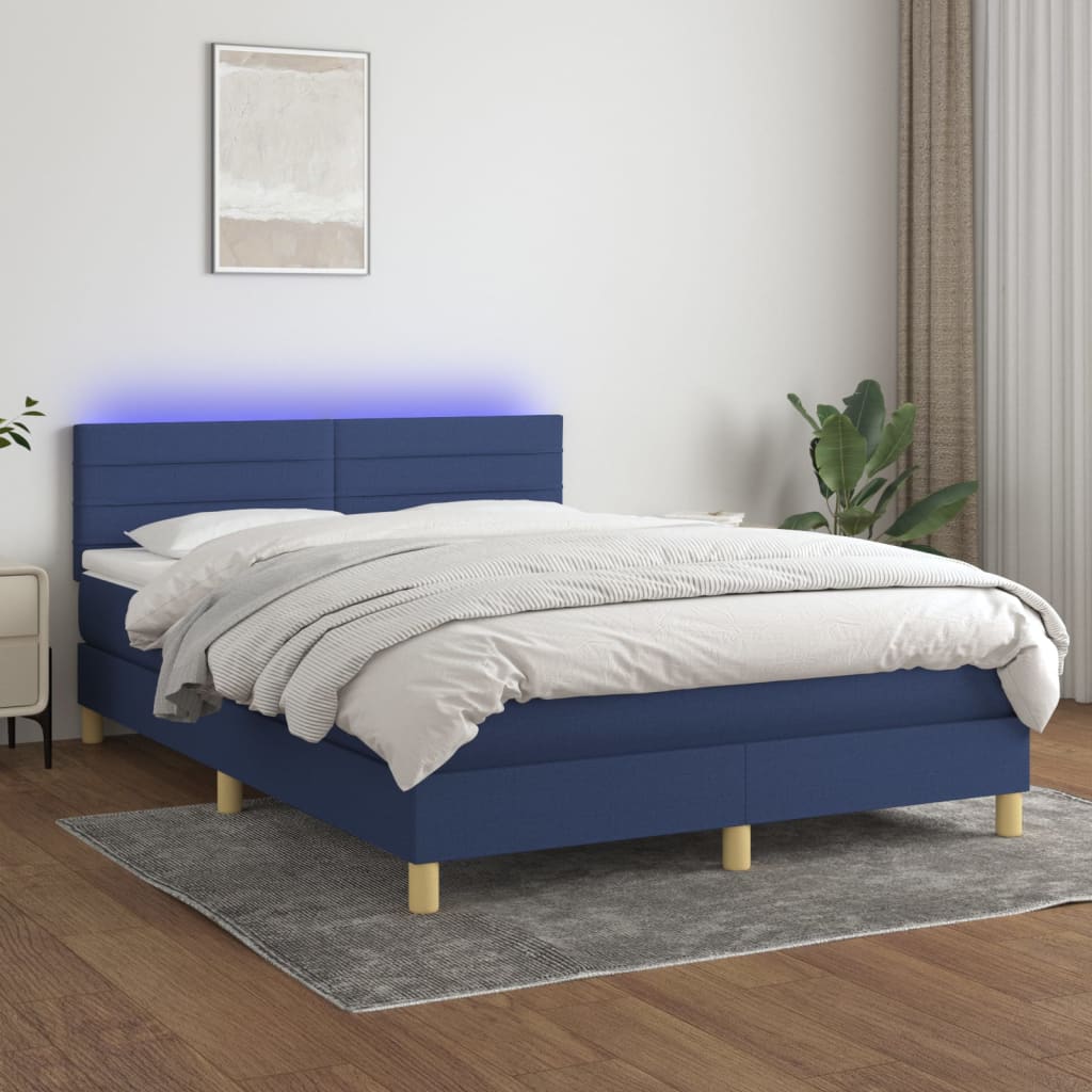 vidaXL Box spring postel s matrací a LED modrá 140x190 cm textil