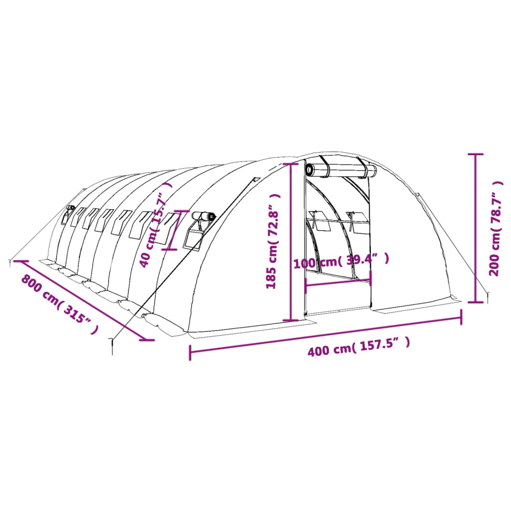 vidaXL Skleník s ocelovým rámem bílý 32 m² 8 x 4 x 2 m