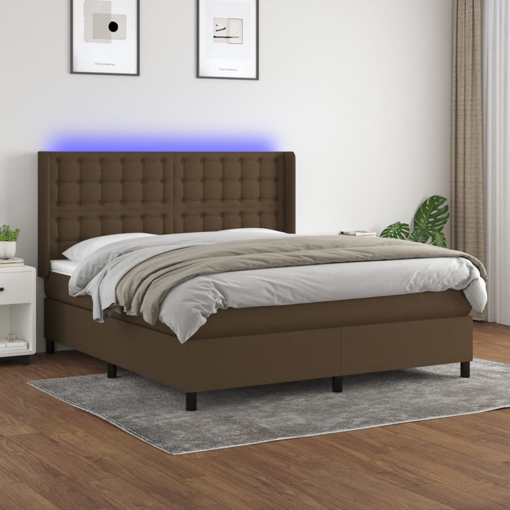 vidaXL Box spring postel s matrací a LED tmavě hnědá 180x200 cm textil