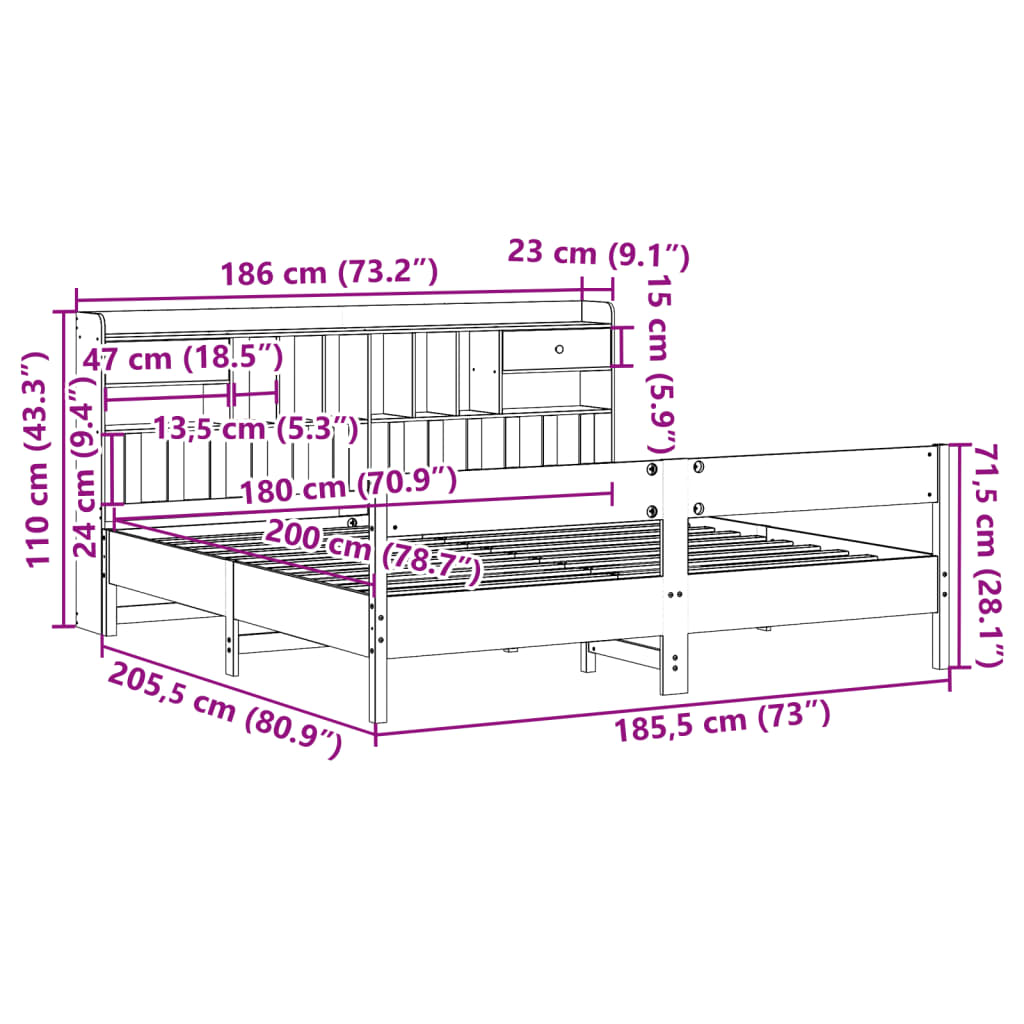 vidaXL Postel s knihovnou bez matrace bílá 180x200 cm masivní borovice