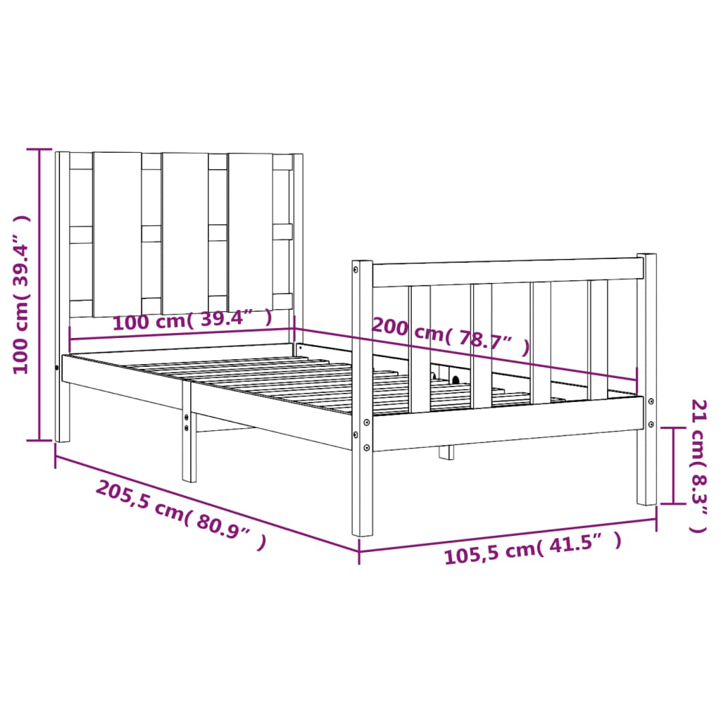 vidaXL Rám postele s čelem černý 100 x 200 cm masivní dřevo