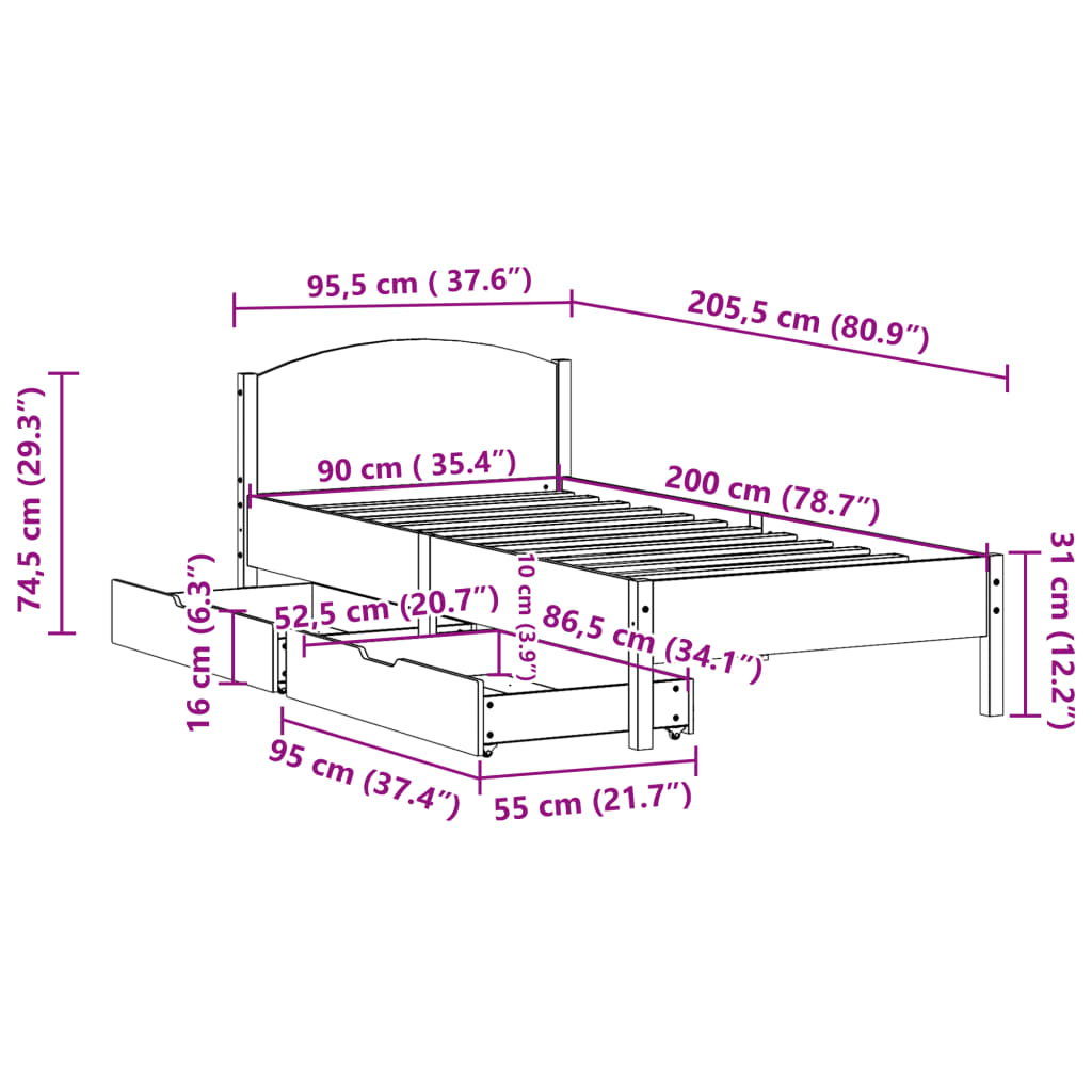 vidaXL Postel bez matrace bílá 90 x 200 cm masivní borovice