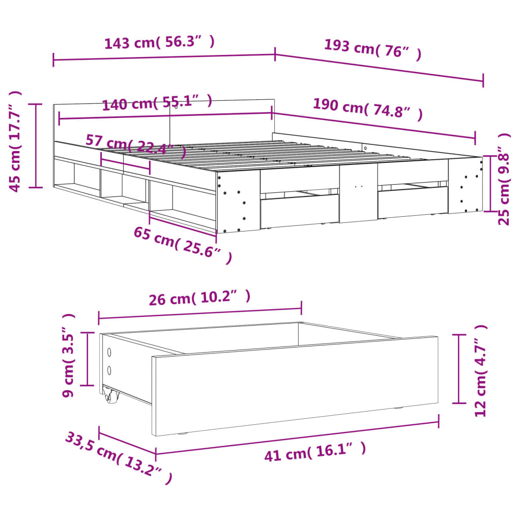 vidaXL Rám postele se zásuvkami betonově šedý 140 x 190 cm kompozit