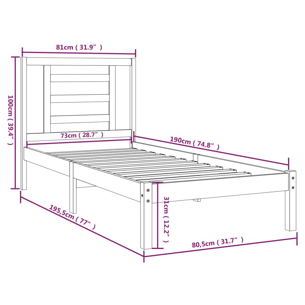 vidaXL Rám postele bílý masivní dřevo 75 x 190 cm malé jednolůžko