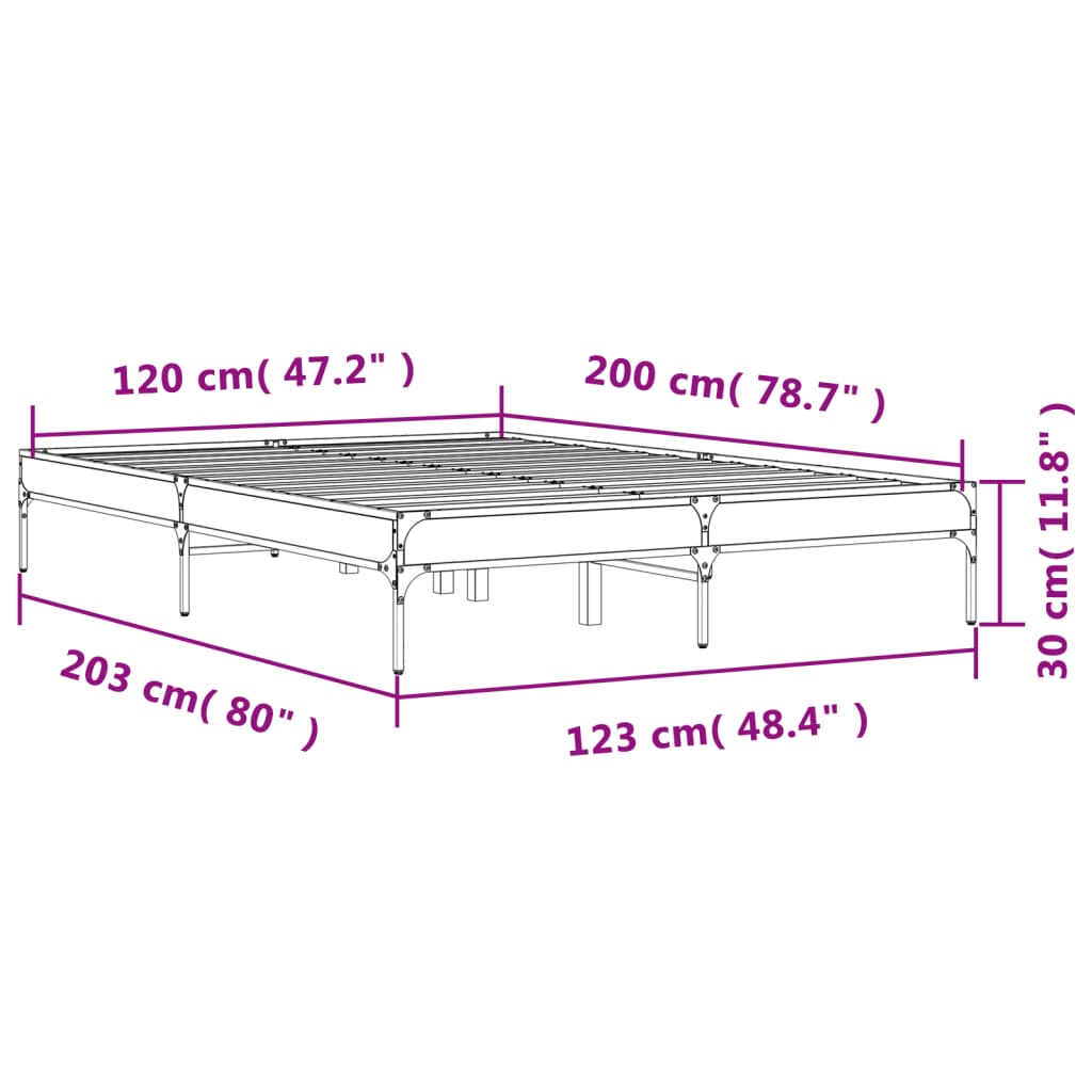 vidaXL Rám postele kouřový dub 120 x 200 cm kompozitní dřevo a kov