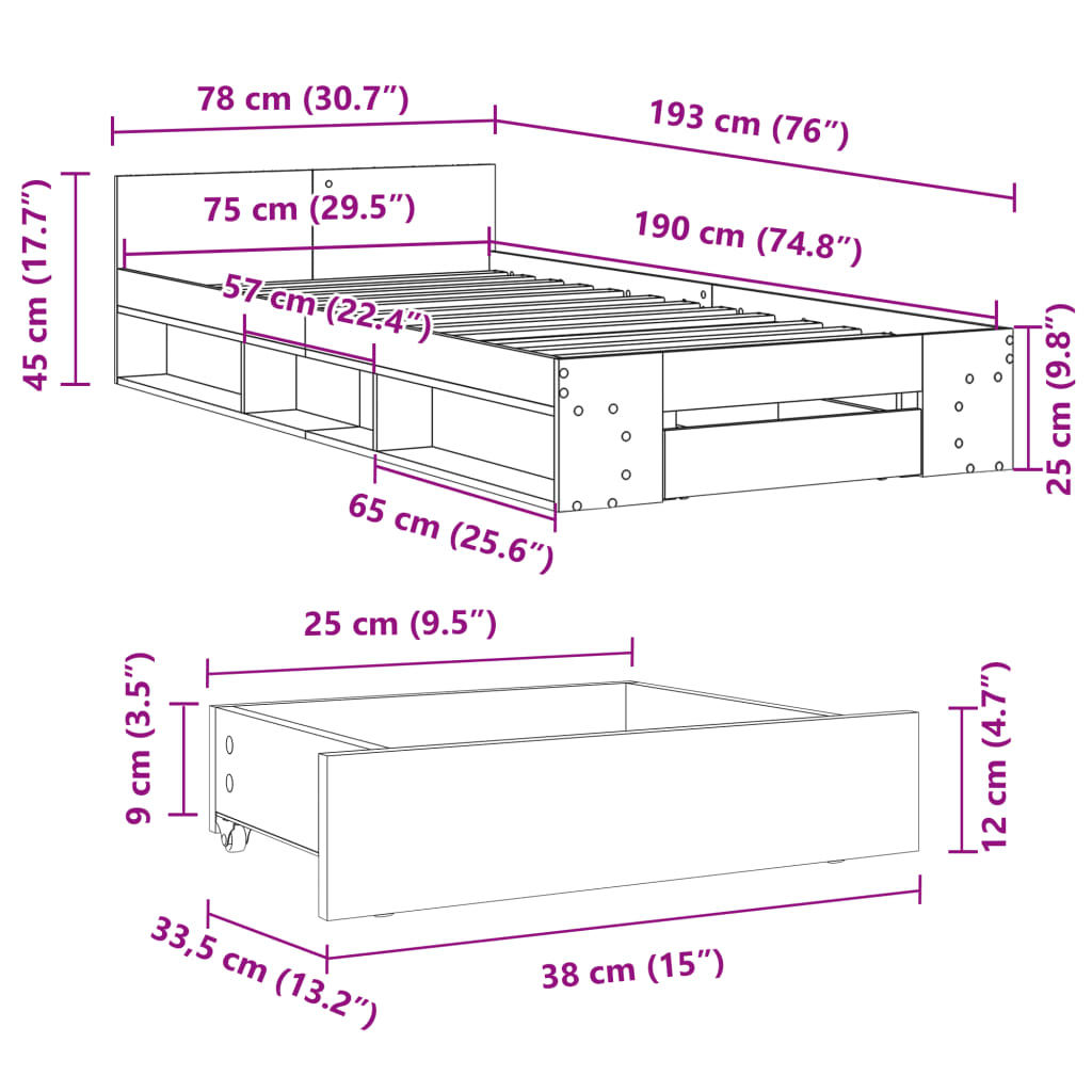 vidaXL Rám postele se zásuvkou betonově šedý 75x190cm kompozitní dřevo