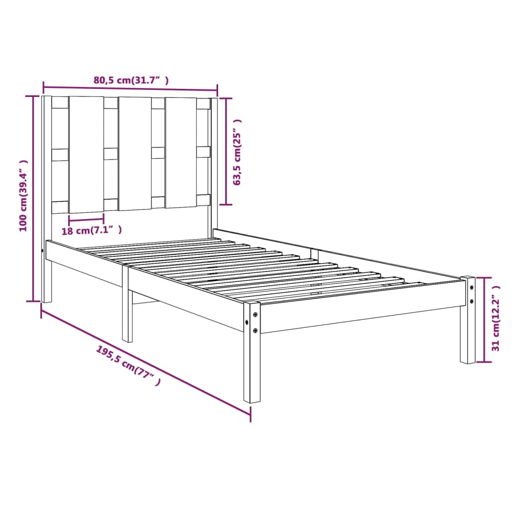 vidaXL Rám postele bílý masivní dřevo 75 x 190 cm malé jednolůžko