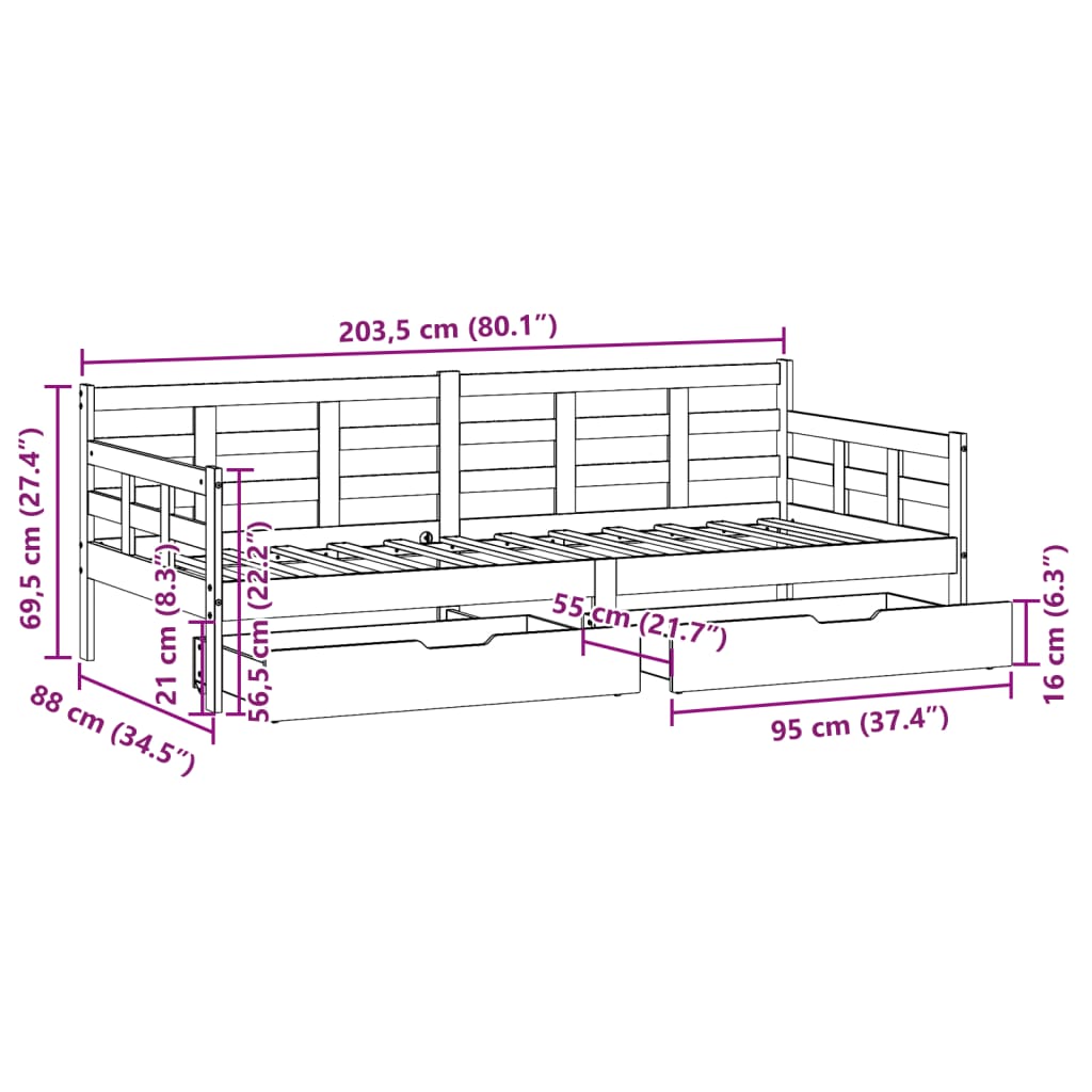 vidaXL Válenda se zásuvkami bílá 80 x 200 cm masivní borovice