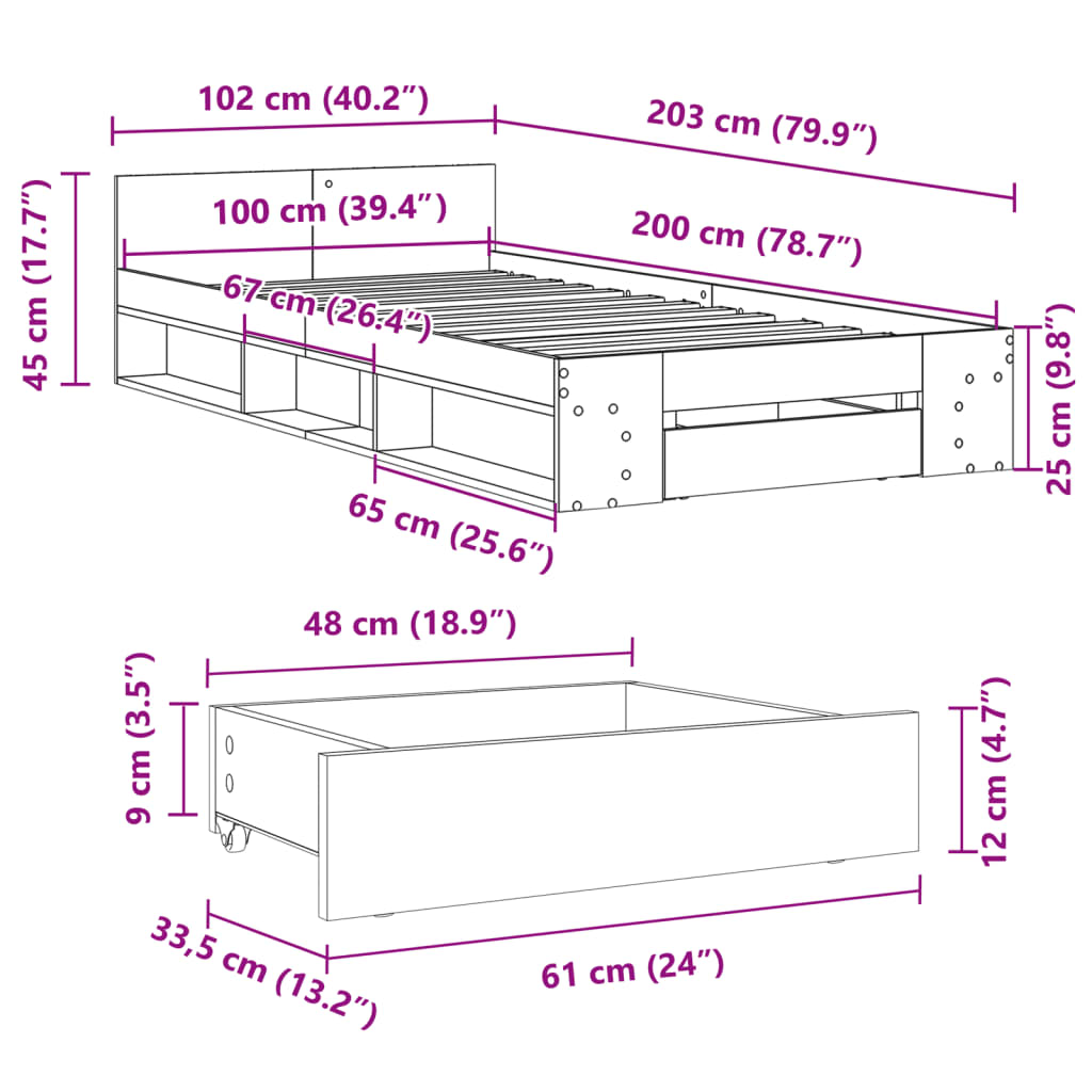 vidaXL Rám postele se zásuvkou šedý sonoma 100x200 cm kompozitní dřevo