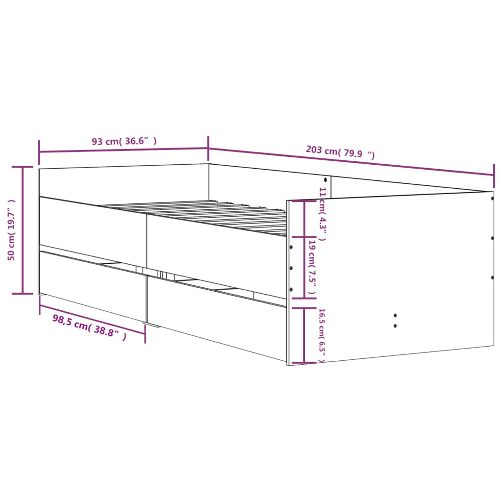 vidaXL Rám postele se zásuvkami šedý sonoma 90 x 200 cm