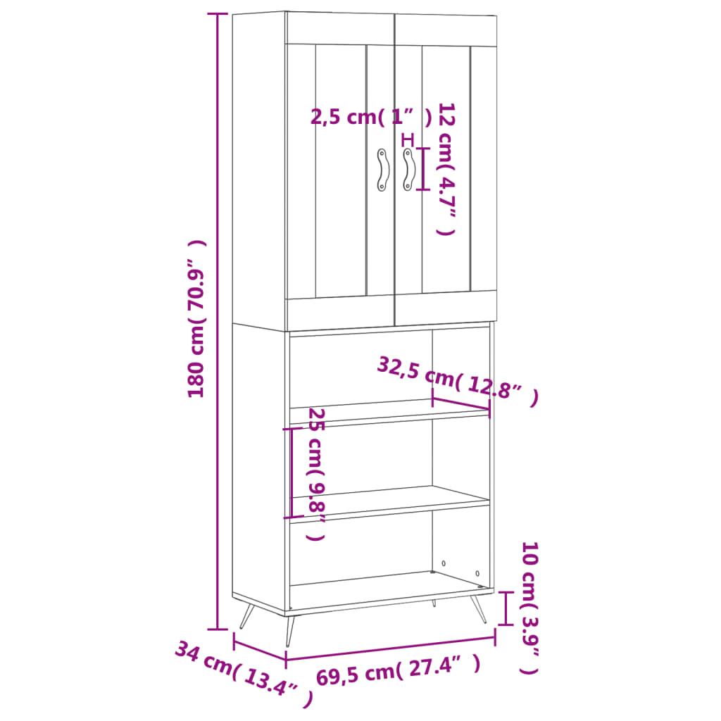 vidaXL Skříň highboard kouřový dub 69,5 x 34 x 180 cm kompozitní dřevo