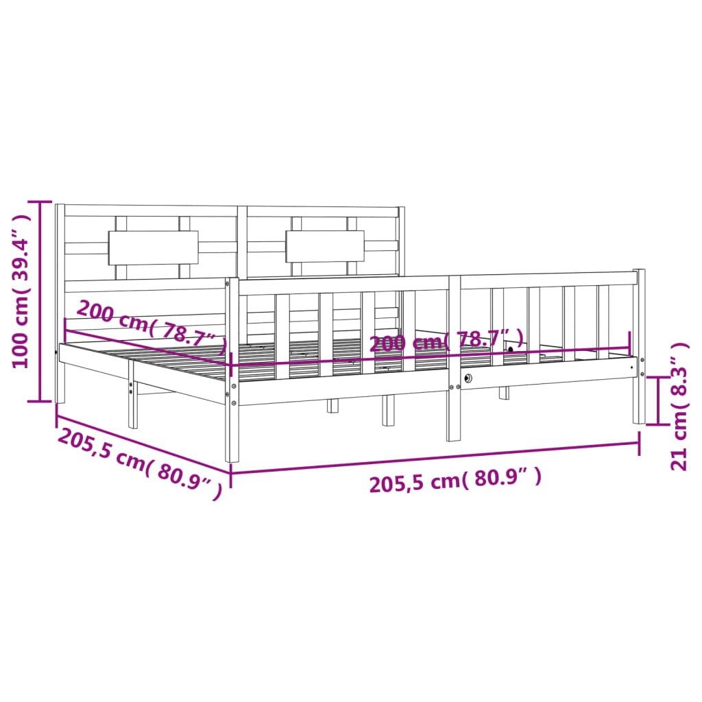 vidaXL Rám postele s čelem šedý 200 x 200 cm masivní dřevo