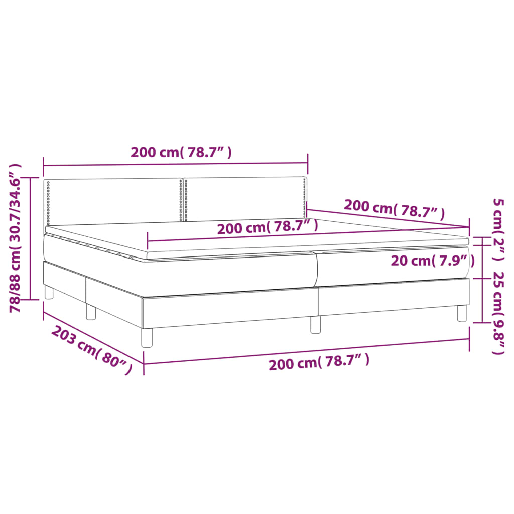 vidaXL Box spring postel s matrací a LED světle šedá 200x200 cm textil