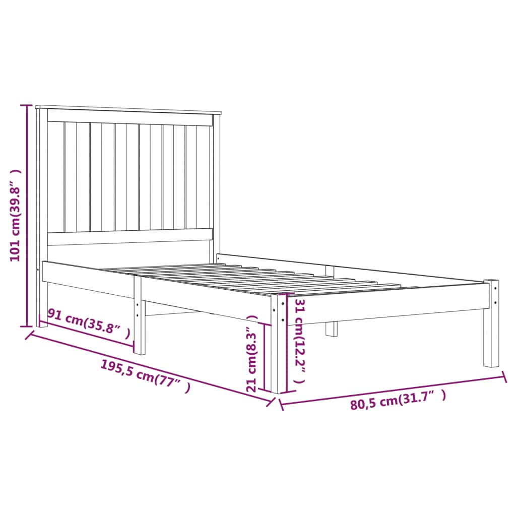 vidaXL Rám postele černý masivní borovice 75 x 190 cm malé jednolůžko