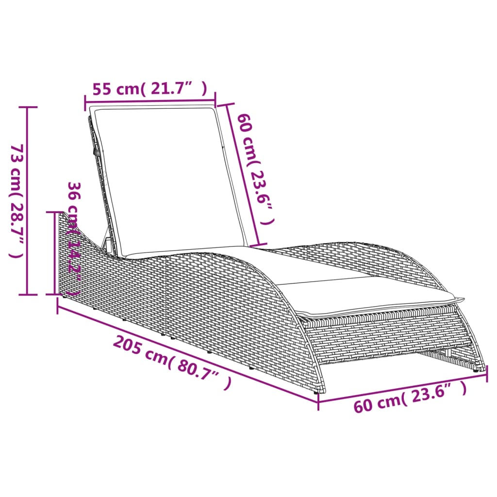 vidaXL Zahradní lehátko s poduškou šedé 60 x 205 x 73 cm polyratan