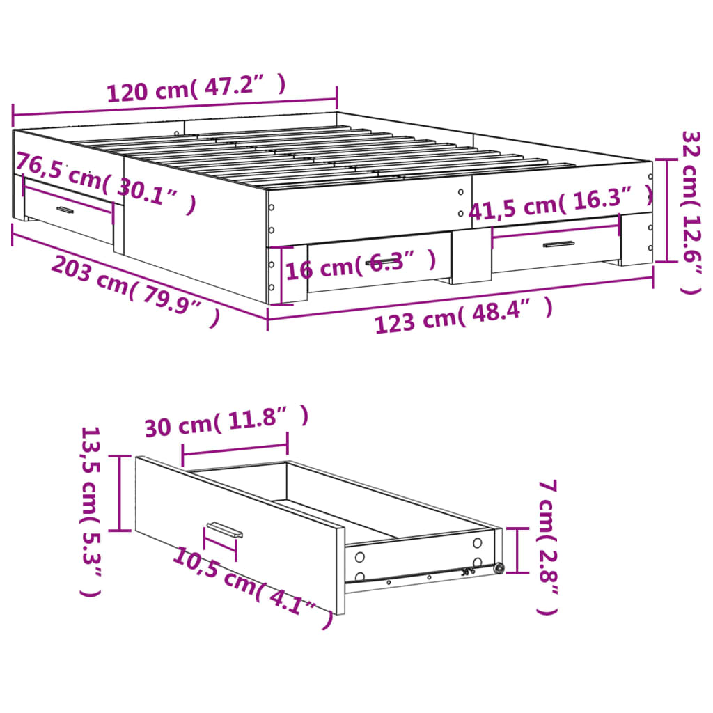 vidaXL Rám postele se zásuvkami šedý sonoma 120 x 200 cm kompozit