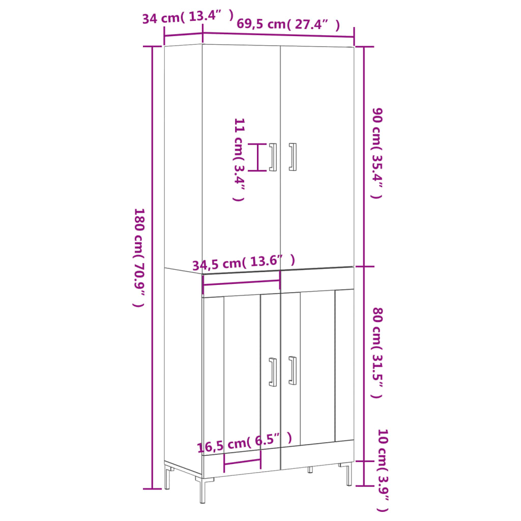 vidaXL Skříň highboard hnědý dub 69,5 x 34 x 180 cm kompozitní dřevo