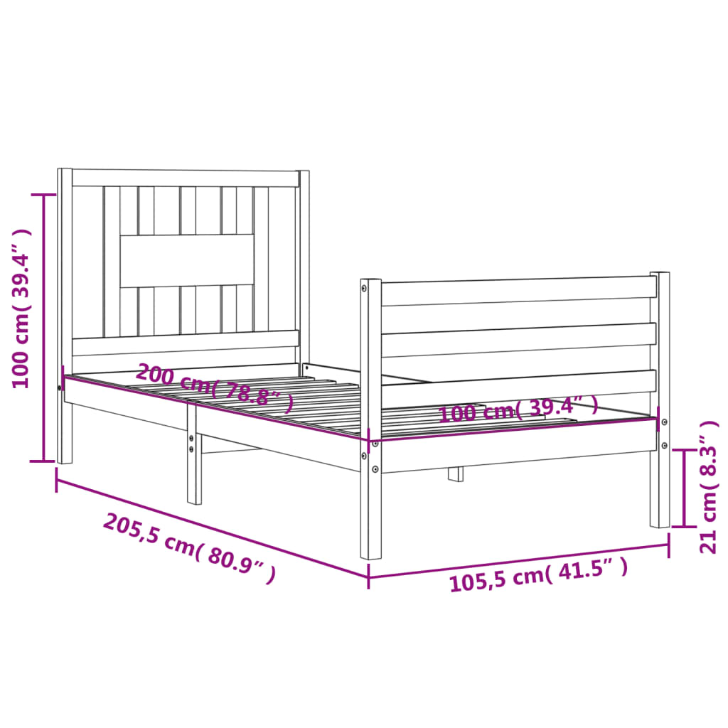 vidaXL Rám postele s čelem černý 100 x 200 cm masivní dřevo