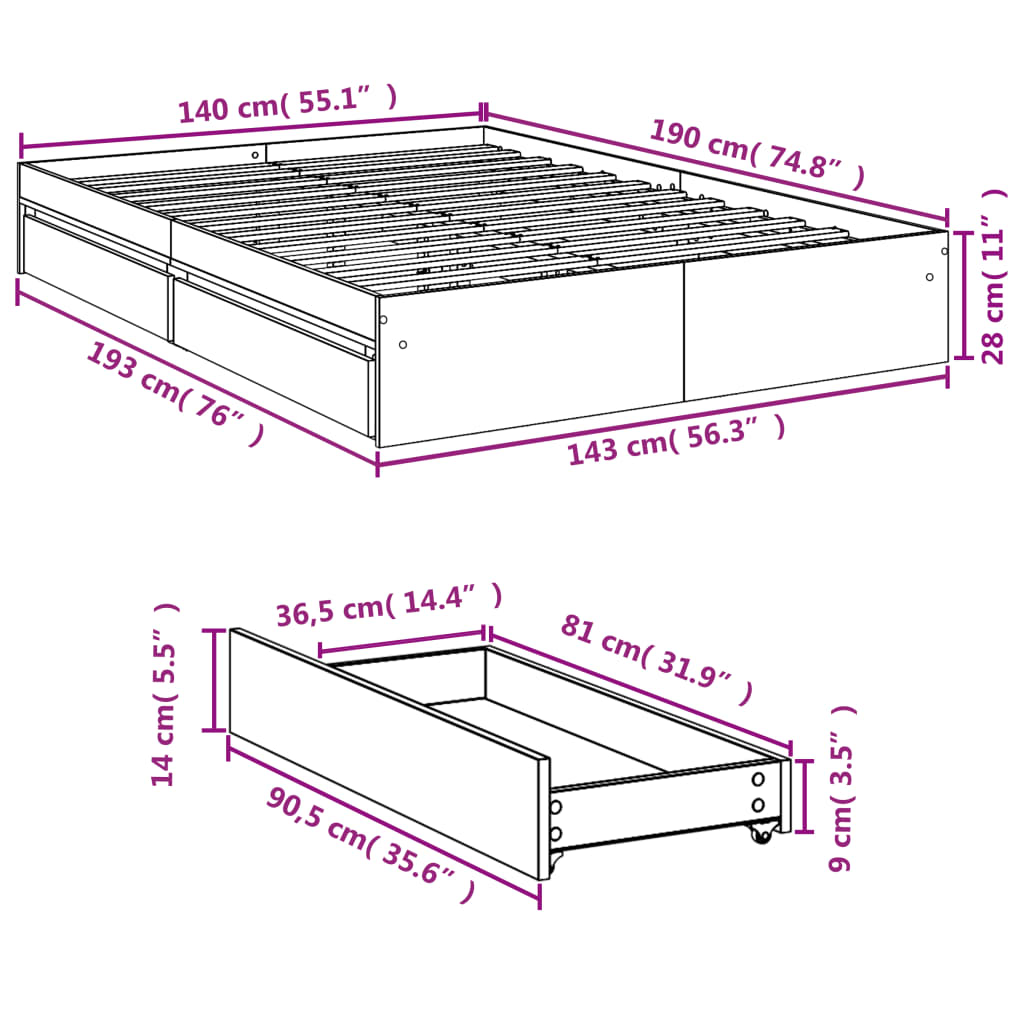 vidaXL Rám postele se zásuvkami dub sonoma 140x190 cm kompozitní dřevo