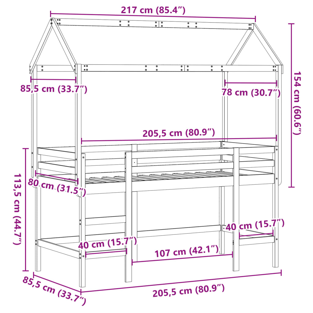 vidaXL Patrová postel s žebříkem a střechou 80 x 200 cm borovice