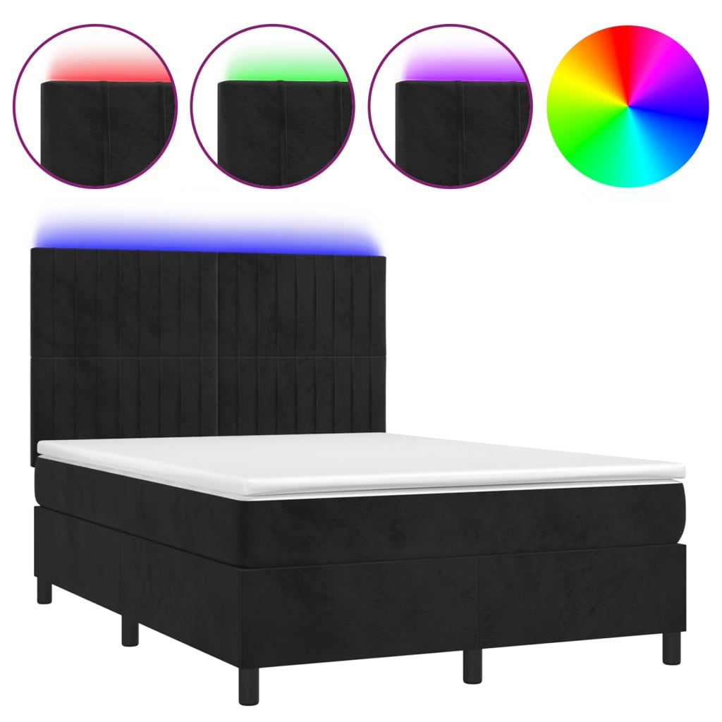 vidaXL Box spring postel s matrací a LED černá 140x190 cm samet