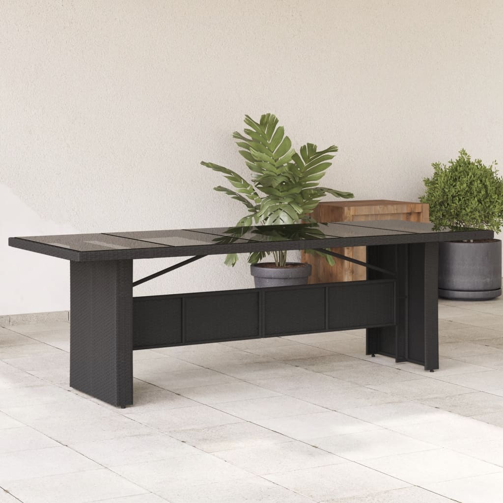 vidaXL Zahradní stůl se skleněnou deskou černý 240x90x75 cm polyratan