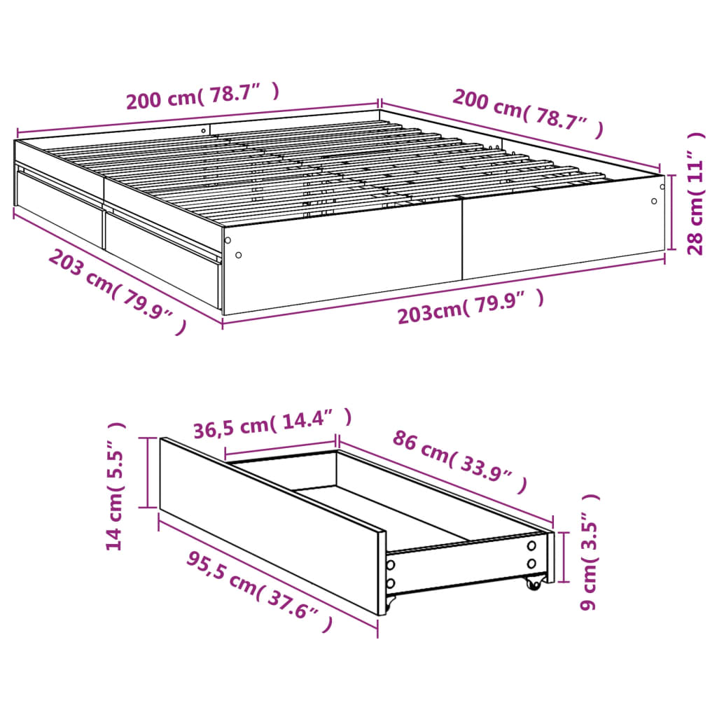 vidaXL Rám postele se zásuvkami bílý 200 x 200 cm kompozitní dřevo