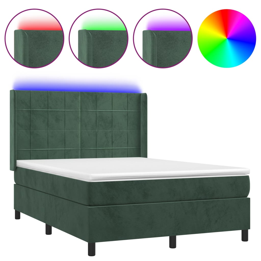 vidaXL Box spring postel s matrací a LED tmavě zelená 140x190 cm samet