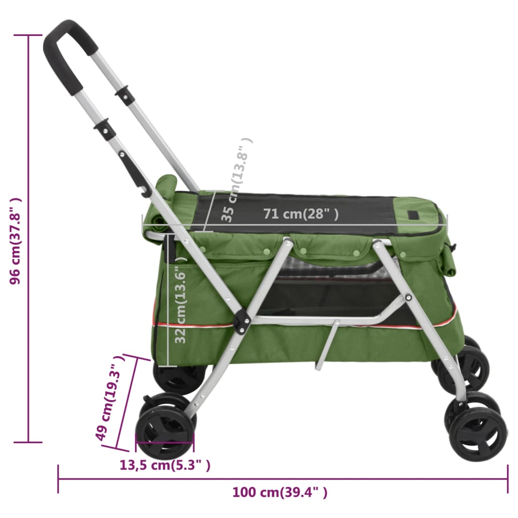 vidaXL Skládací kočárek pro psa zelený 100 x 49 x 96 cm lněná tkanina