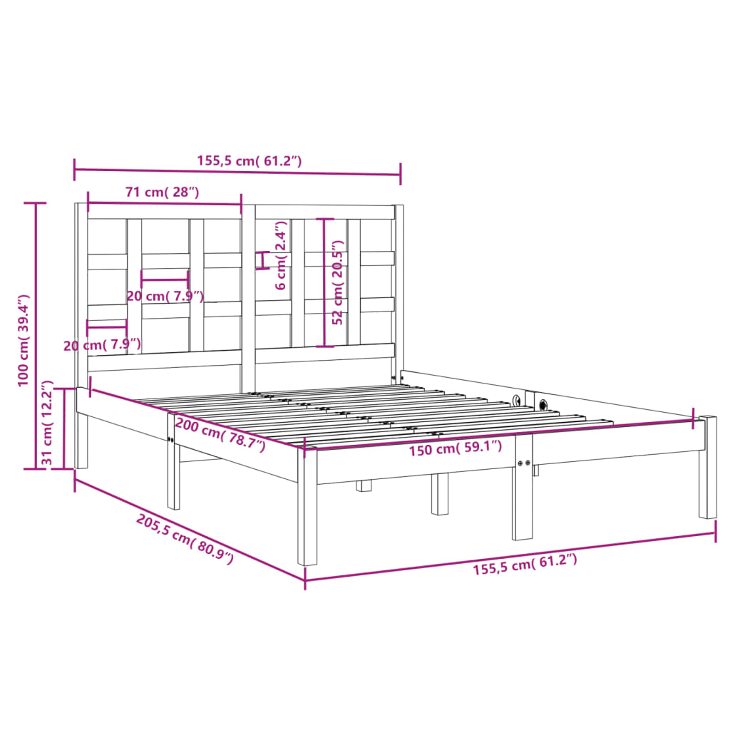 vidaXL Rám postele masivní dřevo 150 x 200 cm King Size